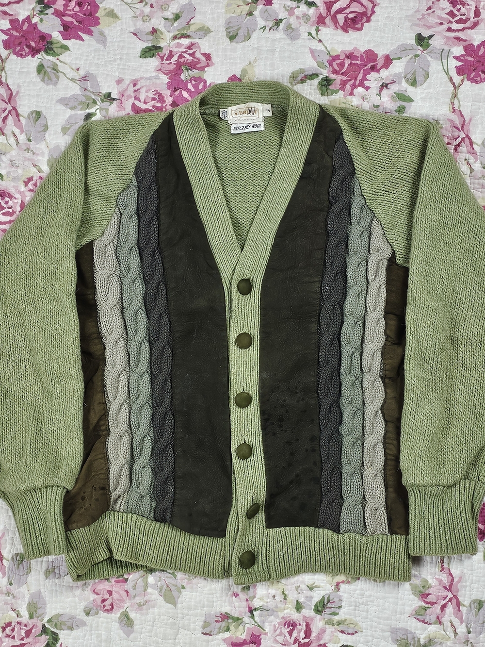 VTG 70s Montgomery Ward Brent Wool Button Front Cable-Knit Lined Cardigan Green